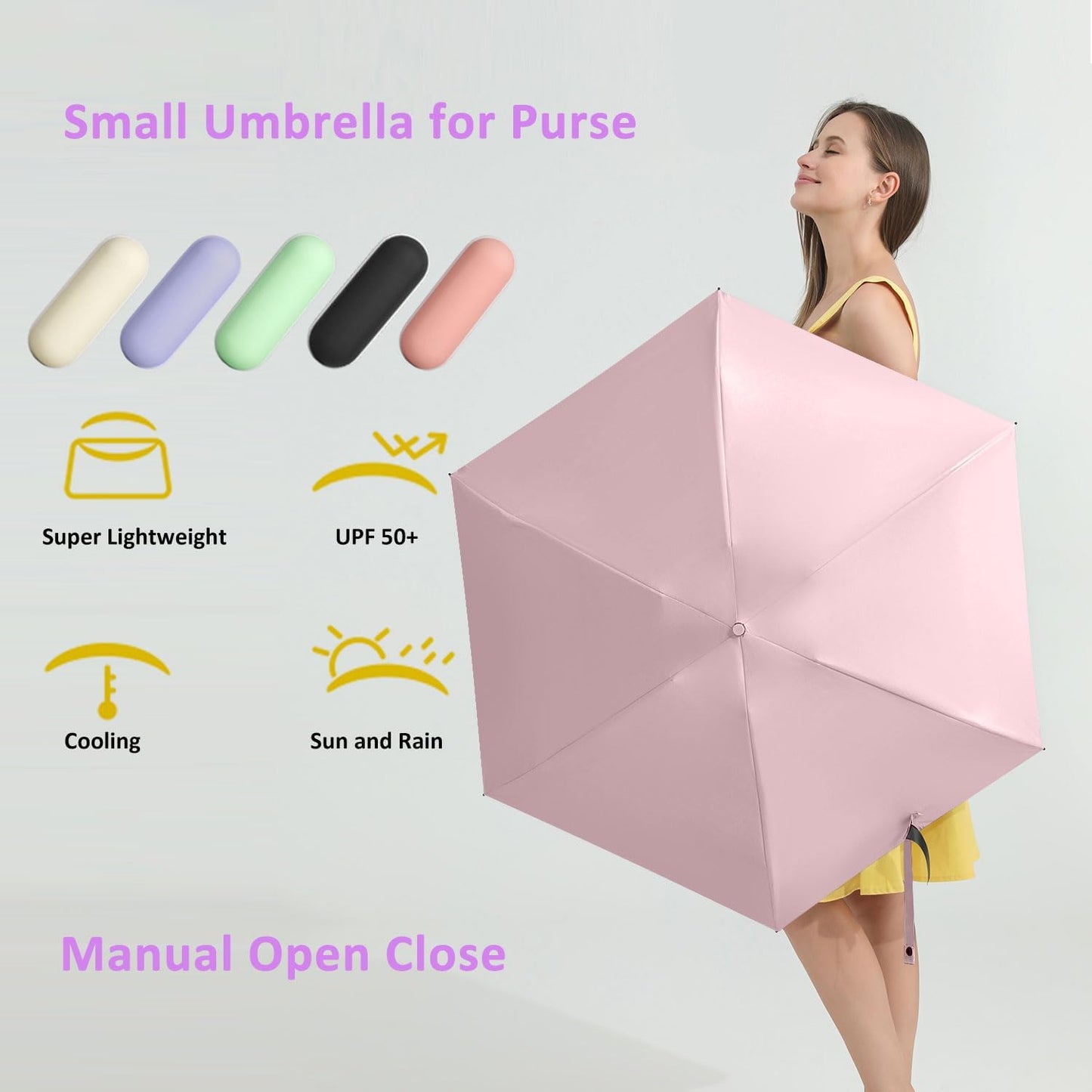 BAODINI Travel Mini Umbrella for Purse With Case Small Compact UV Sun Protection Sun Lightweight Tiny Pocket Umbrella for Women Girls and Men