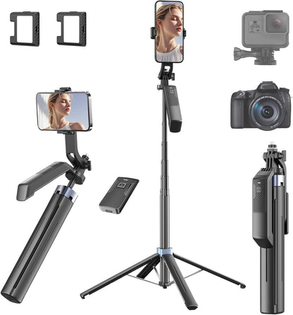 71" Selfie Stick Phone Tripod with Wireless Remote & 2 Fill Lights, Extendable Aluminum Phone Stand for iPhone/Android/Camera, Portable Travel Tripod for Vlogging, Live Streaming, Video Recording
