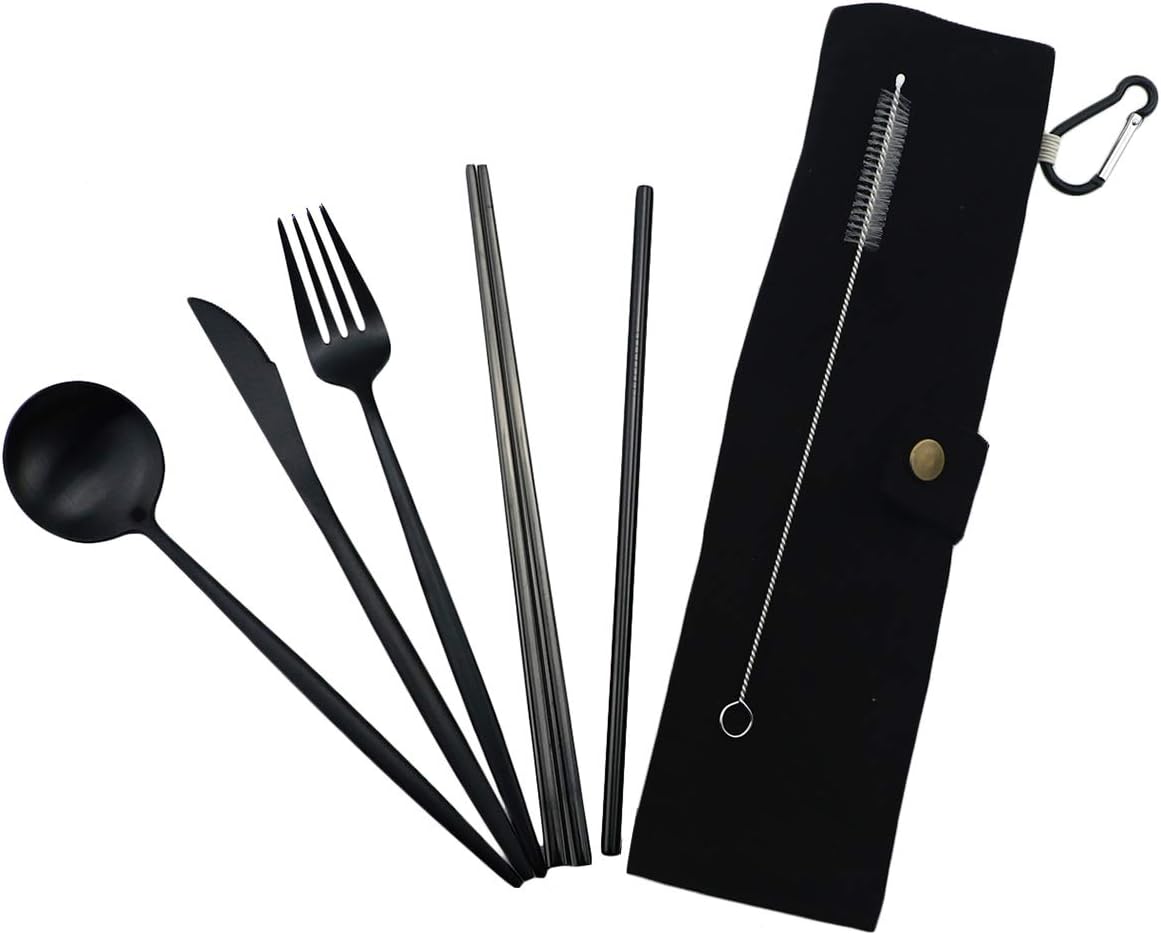 Gugrida Luxury Black Matte Portable 18/10 Stainless Steel Travel Flatware Sets of 7 Portable Camping Cutlery Set, Healthy & Eco-Friendly Flatware Set with Carrying Case for Travel or Camping