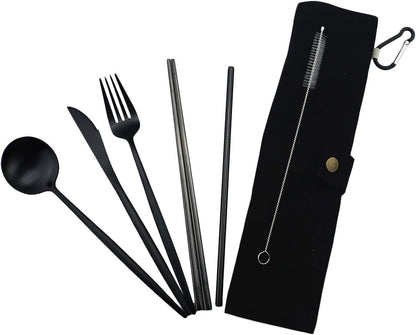 Gugrida Luxury Black Matte Portable 18/10 Stainless Steel Travel Flatware Sets of 7 Portable Camping Cutlery Set, Healthy & Eco-Friendly Flatware Set with Carrying Case for Travel or Camping