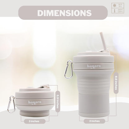 HANARA Collapsible Cup with Reusable Straw – 18 Oz (550 Ml), Portable Travel Mug, BPA-Free, Leak-Proof, Microwave & Dishwasher Safe, Multi-Purpose for Hot & Cold Drinks – Gray