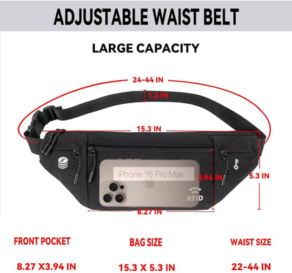 Travel Money Belt for Men and Women hidden slim passport holder - travel wallet with RFID blocking under clothes to protect Cash, Credit Cards and Documents (BLACK)