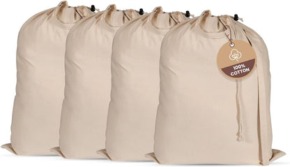 LFH Home Large Premium 100% Cotton Canvas Laundry Bag with Drawstring and Handles Heavy Duty, Multi-Use, and Washable for Home, Travel, College or Storage 28x36 (Pack of 4)-Natural
