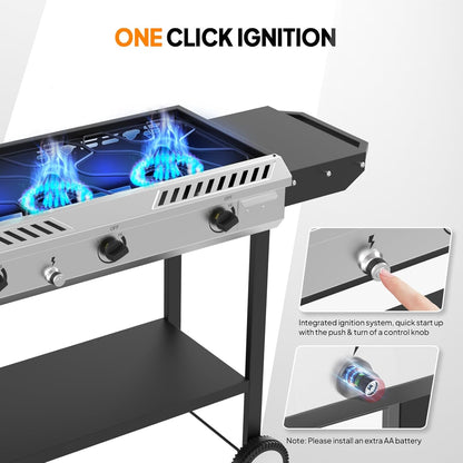 ROVSUN 3 Burner Outdoor Propane Gas Stove with Ignition, Regulator & Side Shelves, 225,000 BTU Rolling Gas Stove Outdoor Cooker for Backyard Patio Cooking Home Camping Brewing Canning Turkey Frying