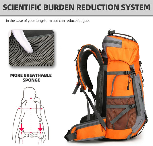 King'sGuard 60L Hiking Backpack Large Waterproof Camping Backpack for Men and Women Lightweight Frameless Backpacking Backpack with Rain Cover (Orange)