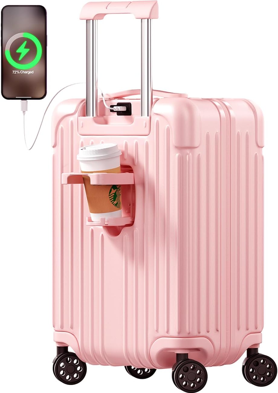 Krute Carry on Luggage 20 Inch USB Suitcases with Spinner Double Wheels Cup Holder PC+ABS Hardside Luggage with TSA Lock (Pink)