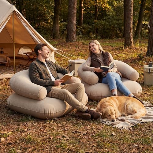 Novabright 2 Pcs Inflatable Chairs for Adults Blow Up Games Chairs Folding Portable Flocking Inflatable Sofa for Living Room Learning Camping Party (Khaki)