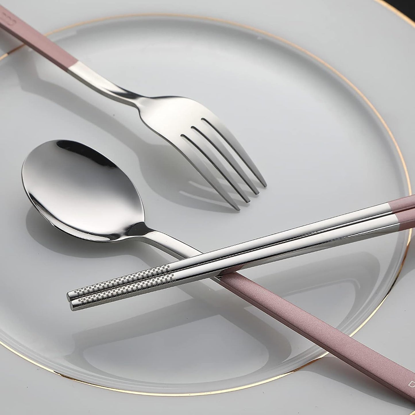 DEVICO Travel Utensils, 18/8 Stainless Steel 4pcs Cutlery Set Portable Camp Reusable Flatware Silverware, Include Fork Spoon Chopsticks with Case (Pink)