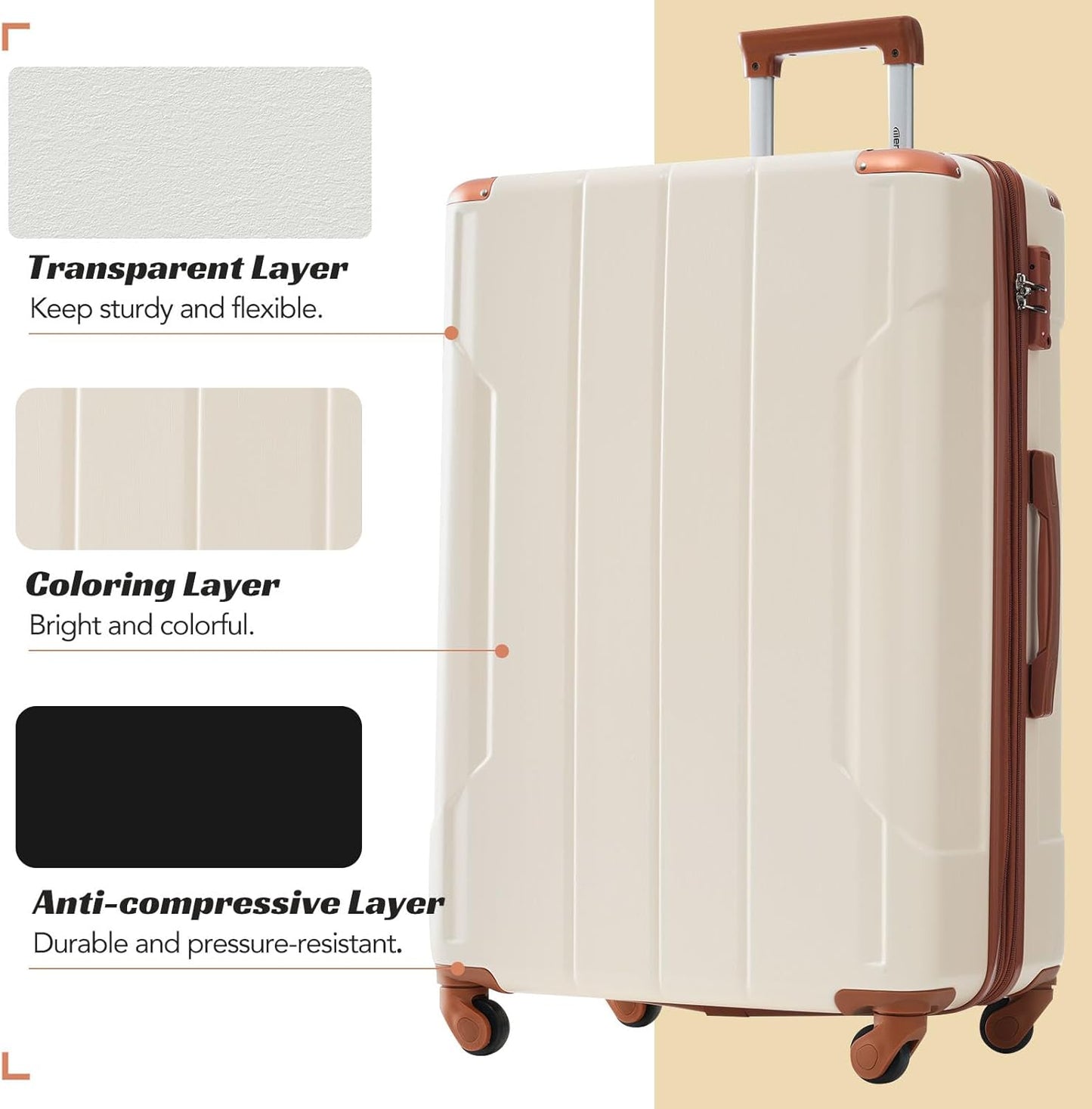 Merax 28 Inch Checked-Large Luggage with Wheels Aluminum Alloy Corner Hard Shell Suitcase TSA Luggage Suitcases for Travel Woman Men(White Brown)