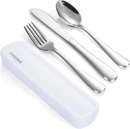 Travel Utensils with Case, 4-Piece Stainless Steel Portable Cutlery Set, Reinforced Case with Buckle Design, Lunch Box for Camping Work School, Include Fork Spoon Knife, Dishwasher Safe, Silver
