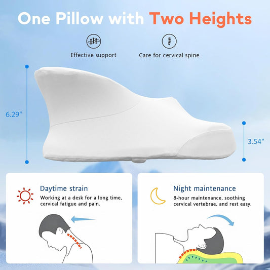 Dual-Height Cervical Neck Pillow for Pain Relief, Memory Foam Pillows with Cooling Tech -3D Ergonomic Support, Cooling Cover, for Side/Back/Stomach Sleeper Pillow, Minimalist Style - White