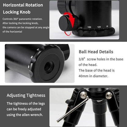 Portable Mini Tripod, 18.9" / 48cm Desk Tabletop Stand with 360° Ball Head, Compact Desktop Barcket for DSLR Camera Video Camcorder, Smartphone Shooting