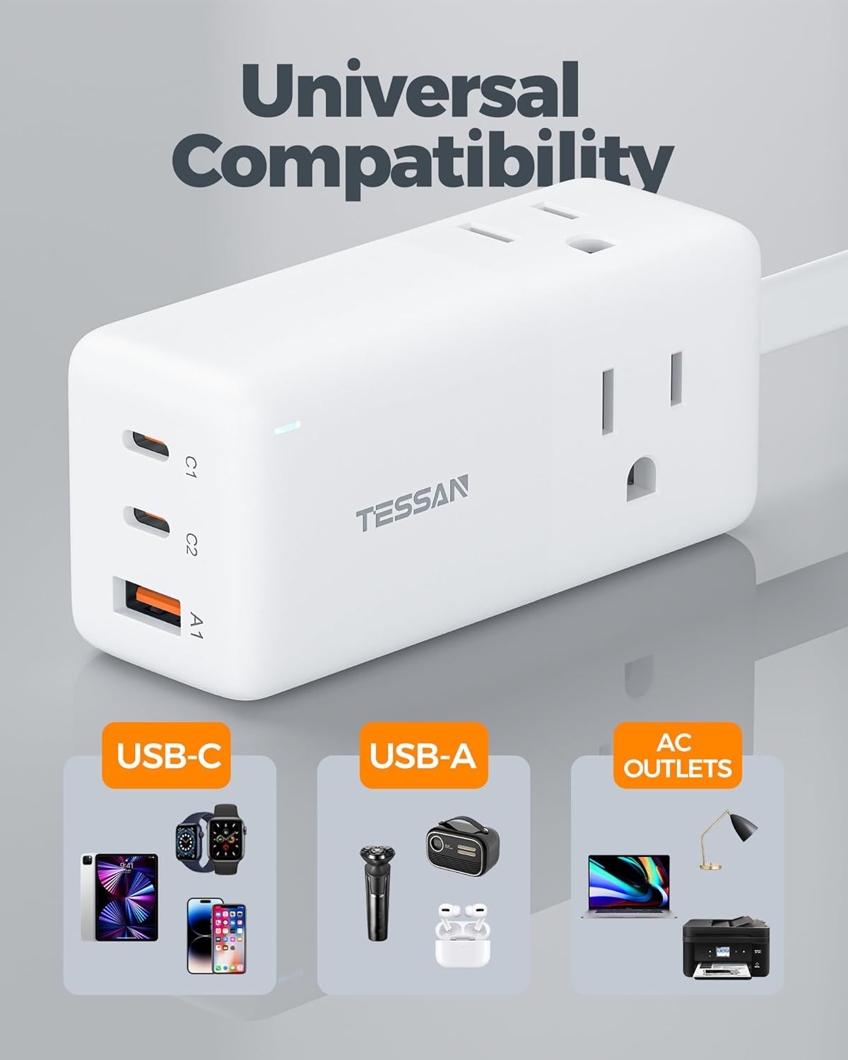 TESSAN USB Charging Station PD 30W, Flat Plug USB C Charger Blocks with 3 AC Outlets, Desktop Phone Fast Charger with 5FT Extension Cord for Phone Tablet Laptop, Travel, Office