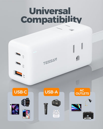 TESSAN USB Charging Station PD 30W, Flat Plug USB C Charger Blocks with 3 AC Outlets, Desktop Phone Fast Charger with 5FT Extension Cord for Phone Tablet Laptop, Travel, Office
