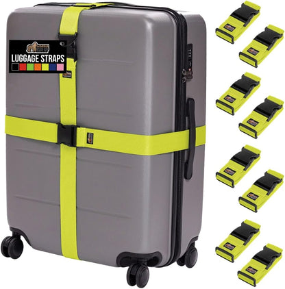 GORILLA GRIP Heavy Duty 8 Pack Adjustable Luggage Straps for Suitcases, Easy to Identify Travel Belt Connector Holds Suitcase Together, Extends Life of Bag, Strap Connects Two Bags, Accessories Yellow