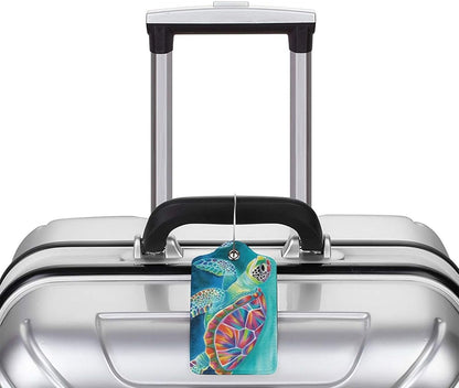 Sea Turtle Leather Luggage Tag with Stainless Steel Ring, Fun Name Id Card Cover Travel Bag Tag Set, Suitable for Travel Bag Luggage Women Men 2 PCS