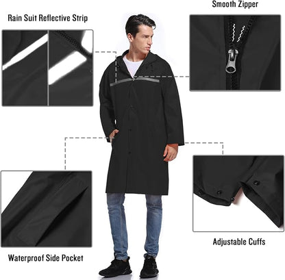 Mens Long Hooded Safety Rain Jacket Waterproof Emergency Raincoat Poncho - Image 3