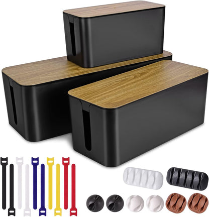 3 Pack Cable Management Box with 18 PCS Cable Management Set - Large & Medium & Small Wooden Grain Cable Organizer Box to Hide Wires & Power Strips | TV Cord Organizer Box | for Home & Office(Black)