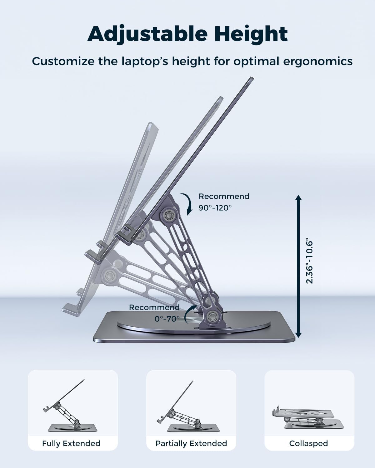 Adjustable Laptop Stand for Desk - Portable Laptop Riser with Rotating Base, Foldable Aluminum Computer Stand, Ergonomic Laptop Holder for MacBook Pro/Air Dell HP Lenovo Notebook up to 15.6", Gray