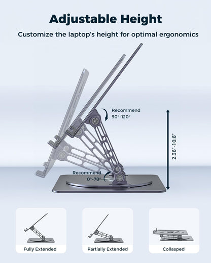Adjustable Laptop Stand for Desk - Portable Laptop Riser with Rotating Base, Foldable Aluminum Computer Stand, Ergonomic Laptop Holder for MacBook Pro/Air Dell HP Lenovo Notebook up to 15.6", Gray