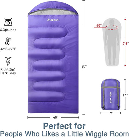 Atarashi Camping Sleeping Bag- 4 Seasons for Adults, Light, Warm, Extra-Large with Compression Sack- Great for Hiking, Backpacking & Outdoor Adventures