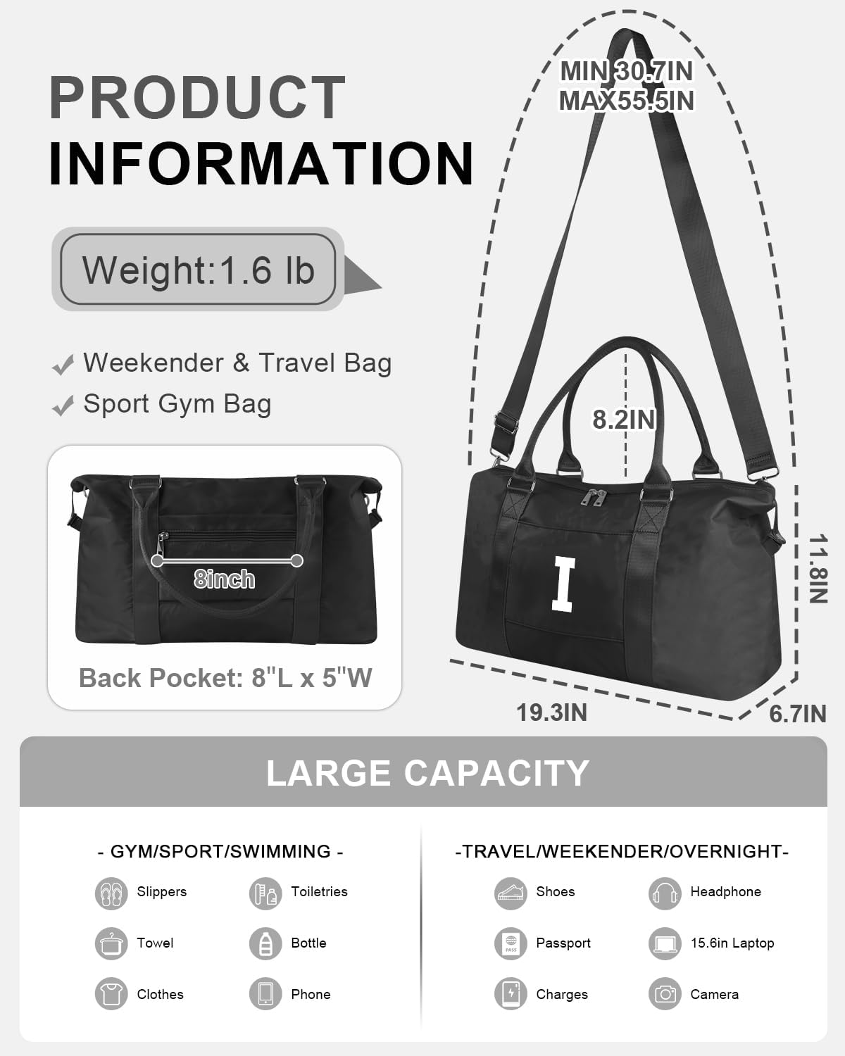 Initial Travel Duffel Bag Sports Gym Bag for Boys Teen Birthday Gifts,Black Personalized Weekender Bag Carry On Tote Bags for Men,Waterproof Overnight Luggage Bag Airplane Travel Essentials(Letter I)