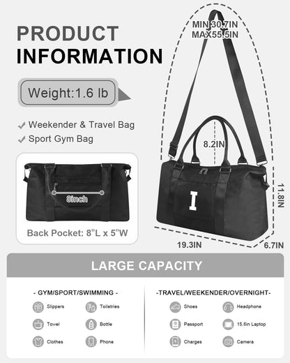 Initial Travel Duffel Bag Sports Gym Bag for Boys Teen Birthday Gifts,Black Personalized Weekender Bag Carry On Tote Bags for Men,Waterproof Overnight Luggage Bag Airplane Travel Essentials(Letter I)