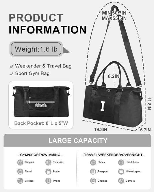 Initial Travel Duffel Bag Sports Gym Bag for Boys Teen Birthday Gifts,Black Personalized Weekender Bag Carry On Tote Bags for Men,Waterproof Overnight Luggage Bag Airplane Travel Essentials(Letter I)