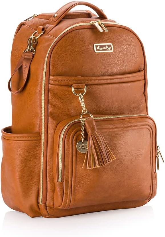 Itzy Ritzy Diaper Bag Backpack – Large Capacity Boss Plus Baby Backpack Diaper Bag Featuring 19 Pockets, Changing Pad, Stroller Clips, and Comfortable Straps (Cognac)