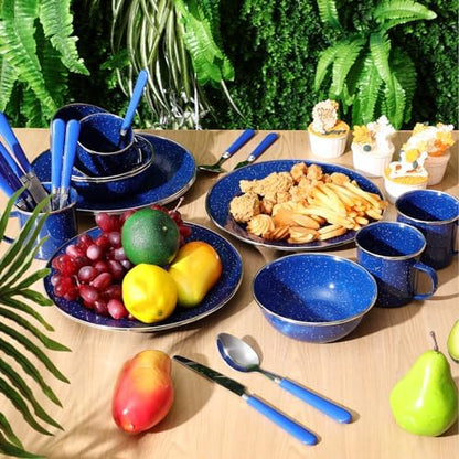 Nuogo 48 Pcs Camping Dinnerware Enamel Mugs Plates Bowls Utensils, Blue