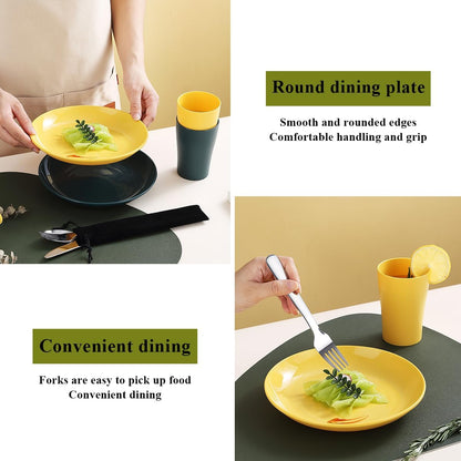 Evanda Camping Cutlery Set, Reusable Light Weight Mug, Plate and Stainless Steel Cutlery Set with Black Bag, Dishwasher Safe