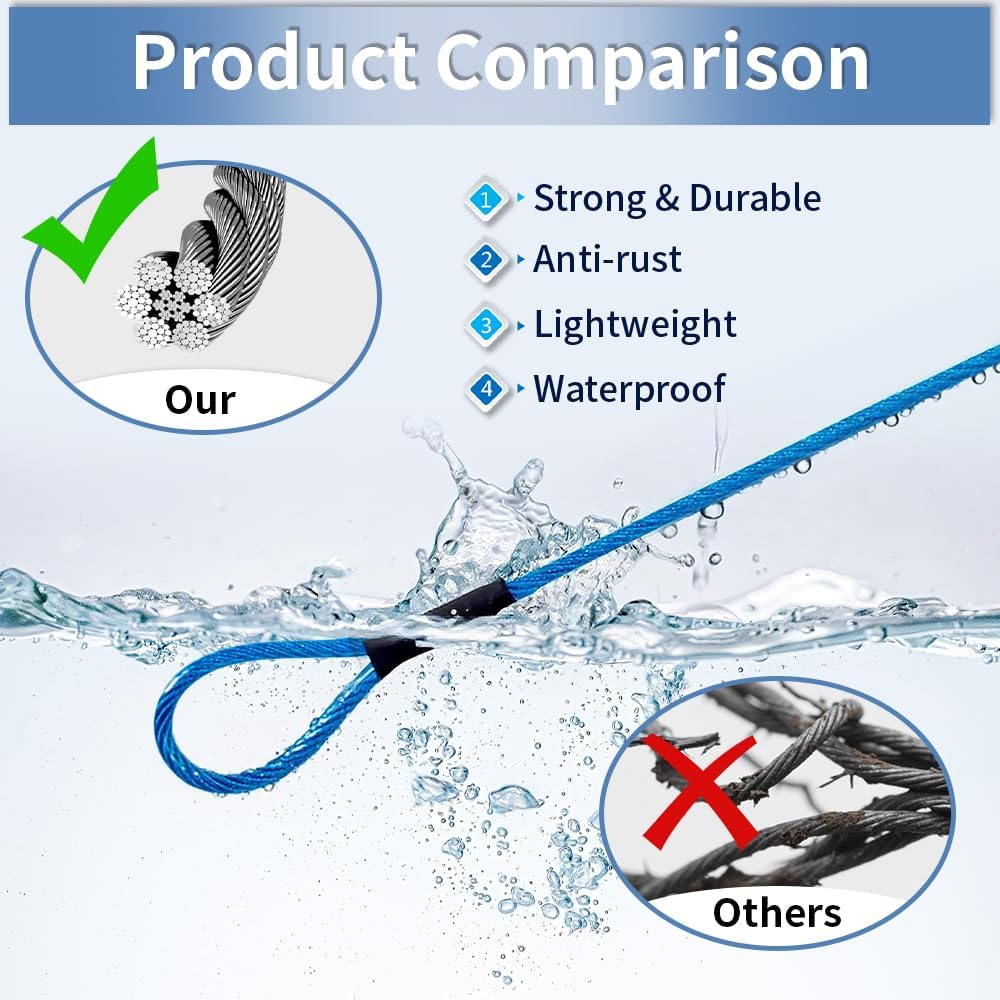 3.3mm (1/8 Inch) Outdoor Travel Stainless Steel Security Cable-20ft Luggage Lock Safety Wire Flexible Steel Wire Rope with Double Loop Safety for Luggage, Bike, Lock(Blue, 20ft-(1Pack)