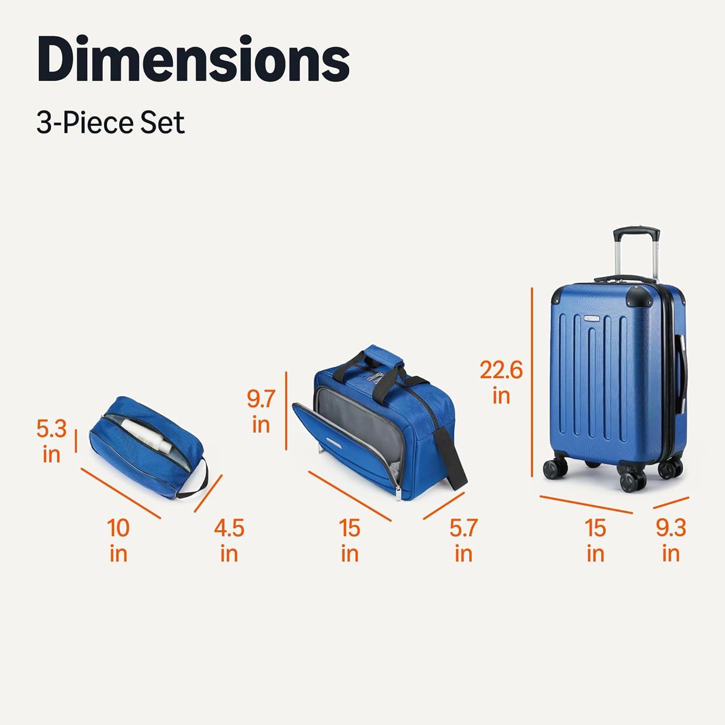 Amazon Basics 3-Piece Luggage Set, Including Carry-On Luggage (22" Expandable Hardside Suitcase With 8 Spinner Wheels), 15" Tote Bag, and 10" Compact Travel Bag, Navy Blue