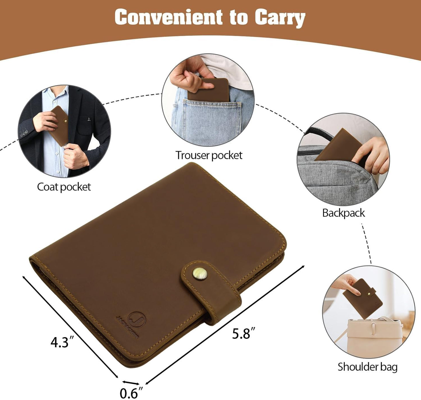 Jack&Chris Genuine Leather Handmade Passport Holder For Travel, RFID Blocking Passport Holder with Card Slots, Travel Essentials wallet with Pen Holder for Women and Men for Gifting, Brown