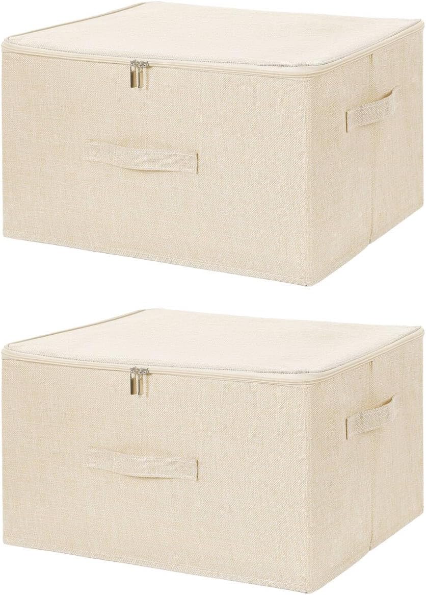 ANMINY 2PCS Storage Bins with Zipper Lids 36 Qt Lidded Fabric Storage Boxes Baskets Cubes with Handles Collapsible Washable Cotton Linen Closet Shelf Clothes Organizer Containers - Beige, Large