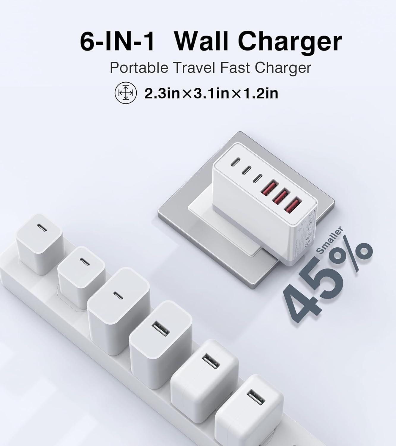 100W USB C Wall Charger,6-Port PD Fast USB C Charging Block,3 Type C+3Type A Multiport Plug,6 in 1 Charger Compatible with for iPhone 16/15/14/13/12/ProMax,iPad,AirPods4,Galaxy S25/S24,Watch,AirPorts
