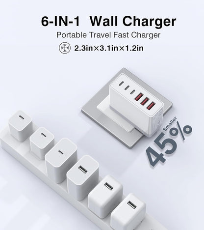 100W USB C Wall Charger,6-Port PD Fast USB C Charging Block,3 Type C+3Type A Multiport Plug,6 in 1 Charger Compatible with for iPhone 16/15/14/13/12/ProMax,iPad,AirPods4,Galaxy S25/S24,Watch,AirPorts