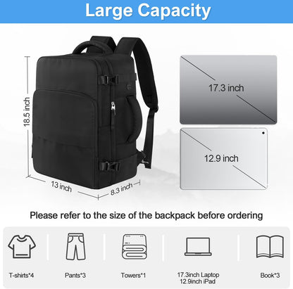 Travel Backpack, Carry on Flight approved Travel Bag with Multi-Pockets, Waterproof 17.3inch Laptop Backpack for Men Women, Black