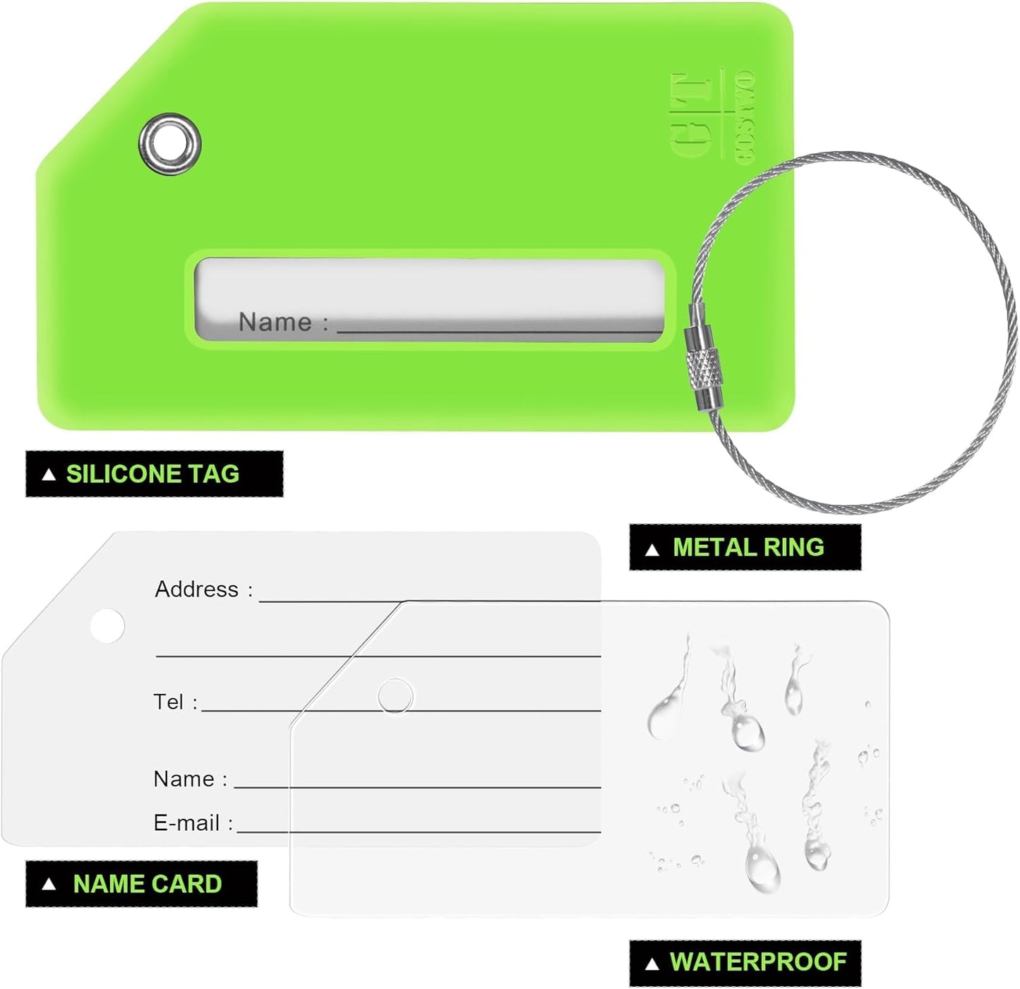 8 Pcs Luggage Tags for Suitcases, 26 Initial Letter Travel Luggage Baggage Identification Labels ID Tags Fully Bendable Tags with Stainless Steel Loop (Letter C, Green)