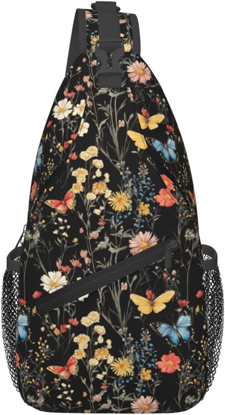 SUPLUCHOM Sling Bag Wildflower Botanical Butterfly Flower Hiking Daypack Crossbody Shoulder Backpack Travel Chest Pack for Men Women