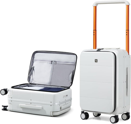 Hanke Top Opening Carry On Luggage, 20 Inch Zipperless Aluminum Frame Wide Handle Luggage, All-PC Hard Shell Trunk Suitcase with Spinner Wheels, TSA Airline Approved (Smoke White, 40L)