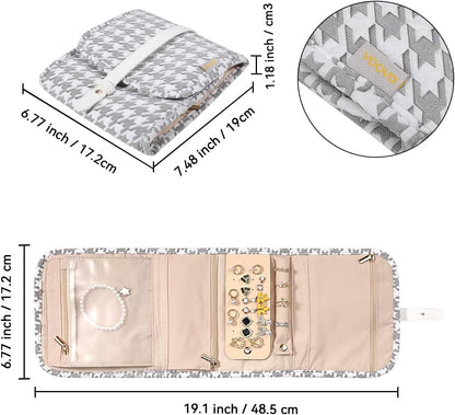 Voova Travel Jewelry Holder Organizer Case, Small Jewelry Storage Bag for Women Girls, Foldable Traveling Jewellery Pouch Roll for Necklaces Rings Earrings Bracelets, Mini, Grey+White