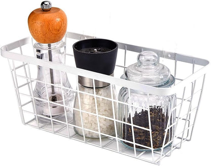 2 Set LeleCAT Hanging Wall Basket Organizer, Over the Cabinet Door Adhesive Wire Baskets for Organizing Kitchen Food Pantry Bathroom Shelf Storage No Drilling Wall Mounted,White