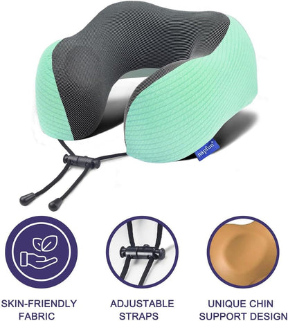 napfun Neck Pillow for Traveling, Upgraded Travel Neck Pillow for Airplane 100% Pure Memory Foam Travel Pillow for Flight Headrest Sleep, Portable Plane Accessories, Striped Turquoise Set