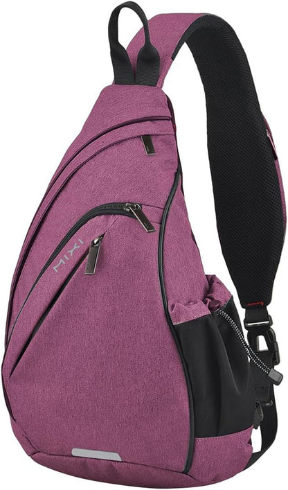 mixi Sling Bag Men Backpack Unisex One Shoulder Bag Hiking Travel Backpack Crossbody with USB Port for Men Women Versatile Casual Daypack-19 inch,Purple