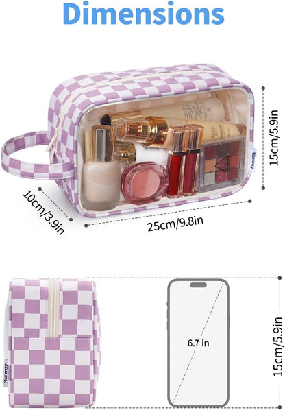 Narwey Clear Toiletry Bags for Traveling Women Men, Clear Travel Bags for Toiletries Makeup Bag Cosmetic Bag with Zipper, Make Up Organizer, Skincare Bag (Purple Checkerboard)