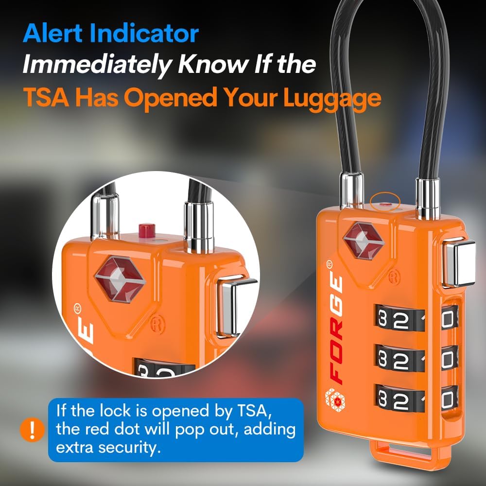 TSA Approved Cable Luggage Locks, Re-settable Combination with Alloy Body, Orange 4 Locks.