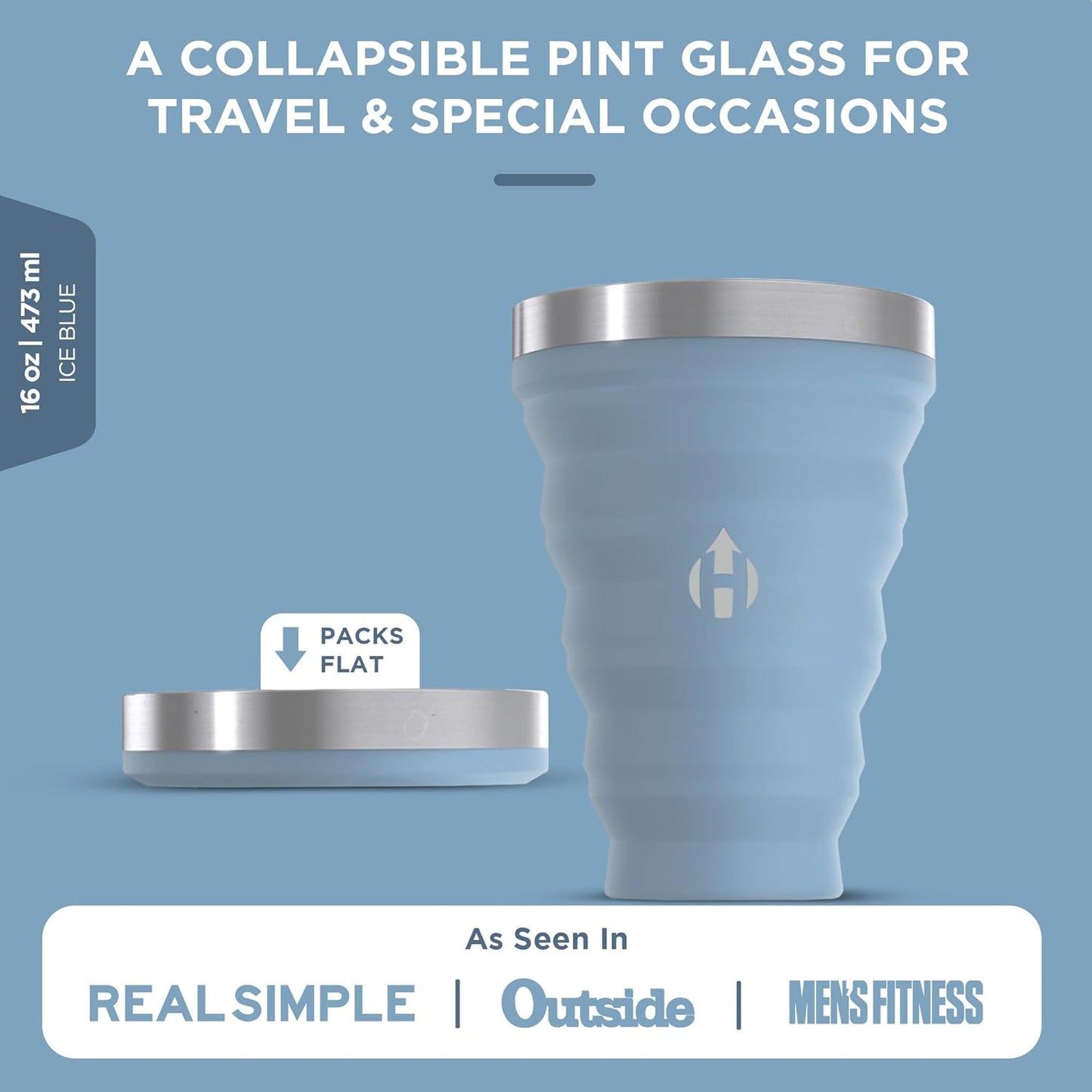 HYDAWAY 16oz Collapsible Pint - BPA-Free Silicone Cup with Stainless Steel Rim - Reusable, Packable, and Durable for Camping, Travel & Everyday Use