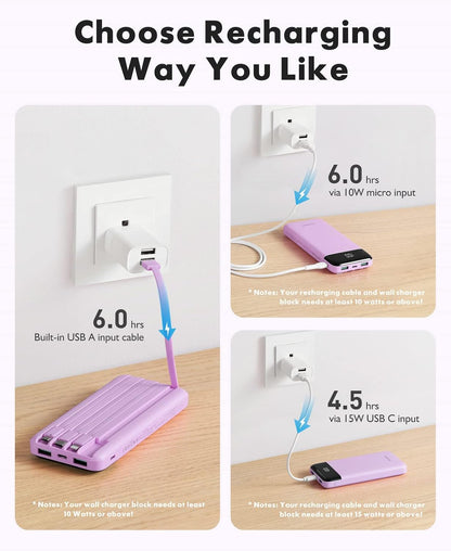 charmast Portable Charger with Built in Cables, Power Bank with Cords Wires, Slim 10000mAh Travel Battery Pack 6 Outputs 3 Inputs 3A Fast Charging for Samsung Google Pixel LG Moto iPhone iPad