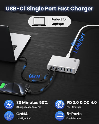 200W USB C Charger Block,GaN IV Charging Station 8 Ports,QC4.0 Fast Charging Station Hub+PD 65W USB C Laptop Charger Adapter Compatible with MacBook Air/Pro,DELL,iPhone 16/15,iPad,Steam Deck-White